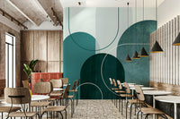 Modern geometric design wallpaper with teal arches

