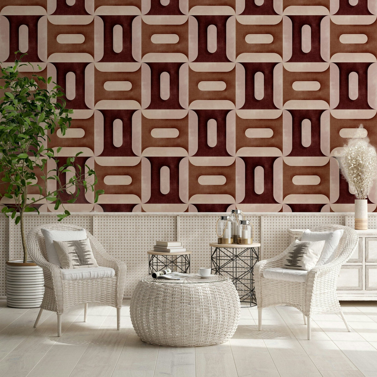 Modern Textured Geometries Clay wallpaper in burgundy and rust behind white wicker chairs and a round woven table in a living room