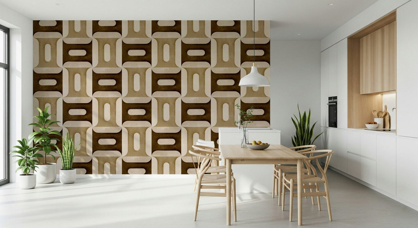 Modern Textured Geometries Earthy wallpaper in a kitchen-diner with wishbone chairs and blue cabinets