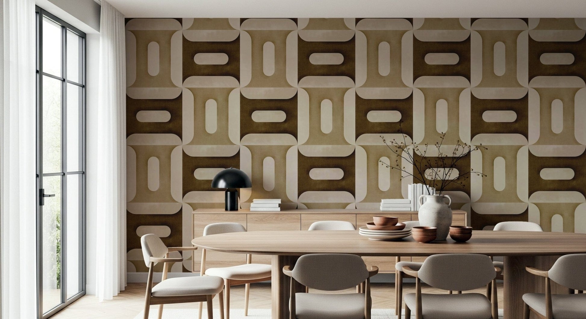 Modern Textured Geometries Earthy wallpaper in a dining room with an oval table and mushroom lamp