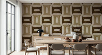 Modern Textured Geometries Earthy wallpaper in a dining room with an oval table and mushroom lamp