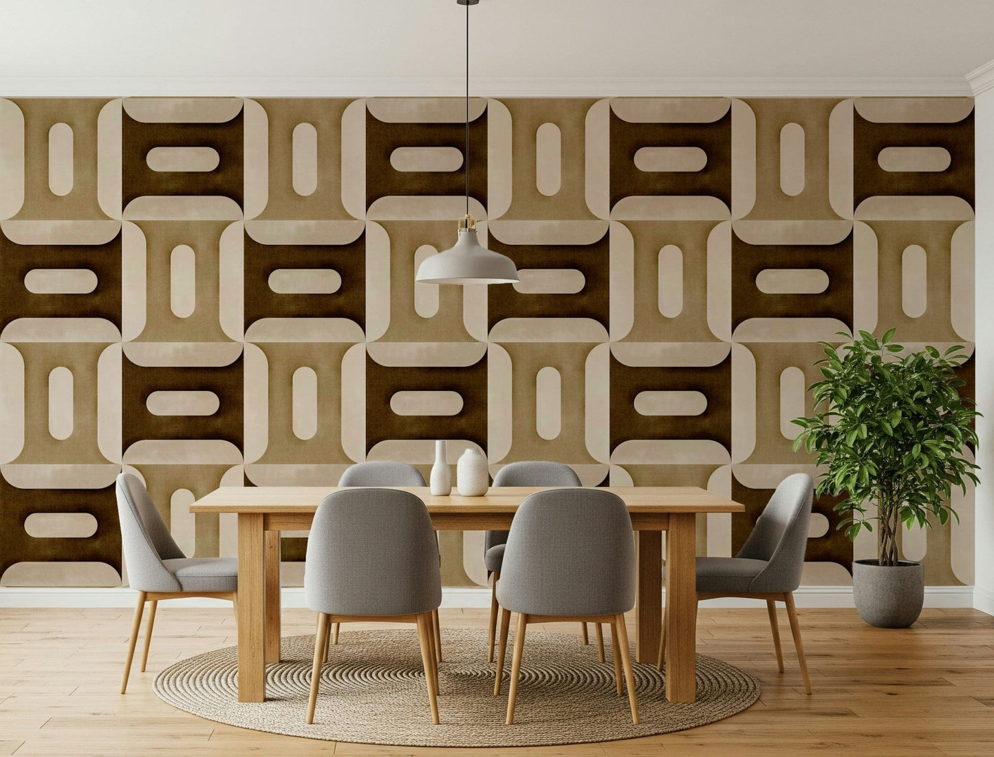 Modern Textured Geometries Earthy wallpaper in a dining room with grey chairs and a potted tree