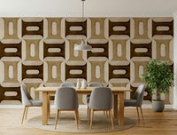Modern Textured Geometries Earthy wallpaper in a dining room with grey chairs and a potted tree