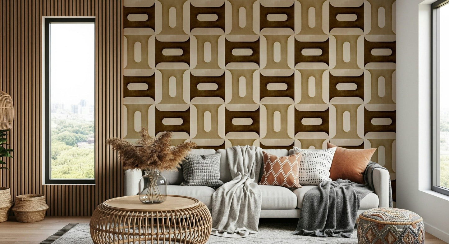 Modern Textured Geometries Earthy wallpaper behind a white sofa with rust cushions and a rattan table
