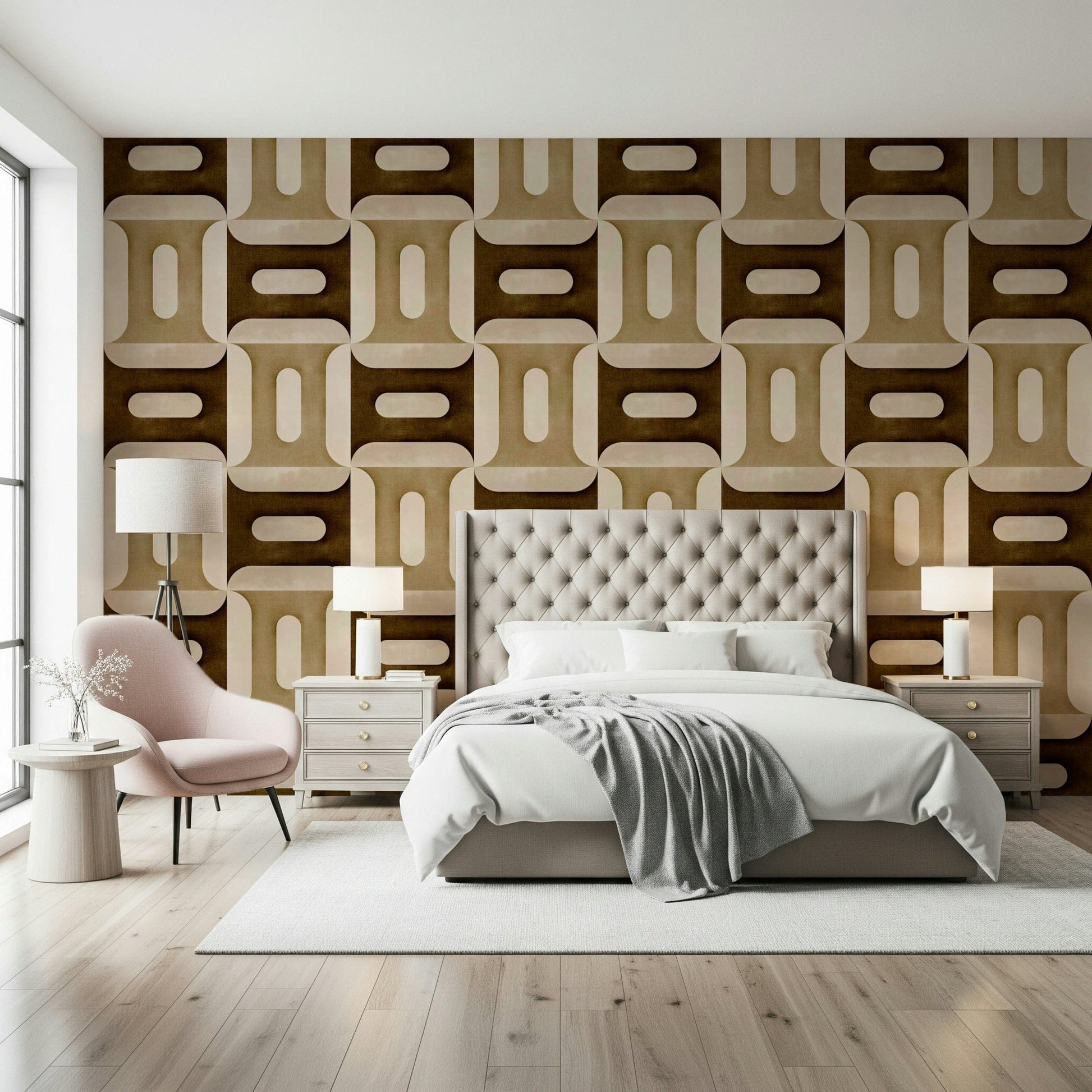 Modern Textured Geometries Earthy wallpaper behind a cream tufted bed with a blush pink armchair