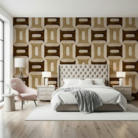 Modern Textured Geometries Earthy wallpaper behind a cream tufted bed with a blush pink armchair