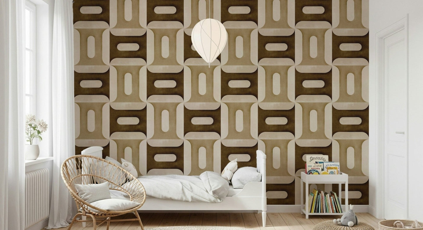 Modern Textured Geometries Earthy wallpaper in a kids room with a rattan chair and white metal bed