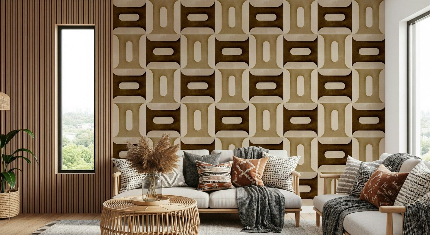 Modern Textured Geometries Earthy wallpaper behind a white sofa beside a wood-slat accent wall