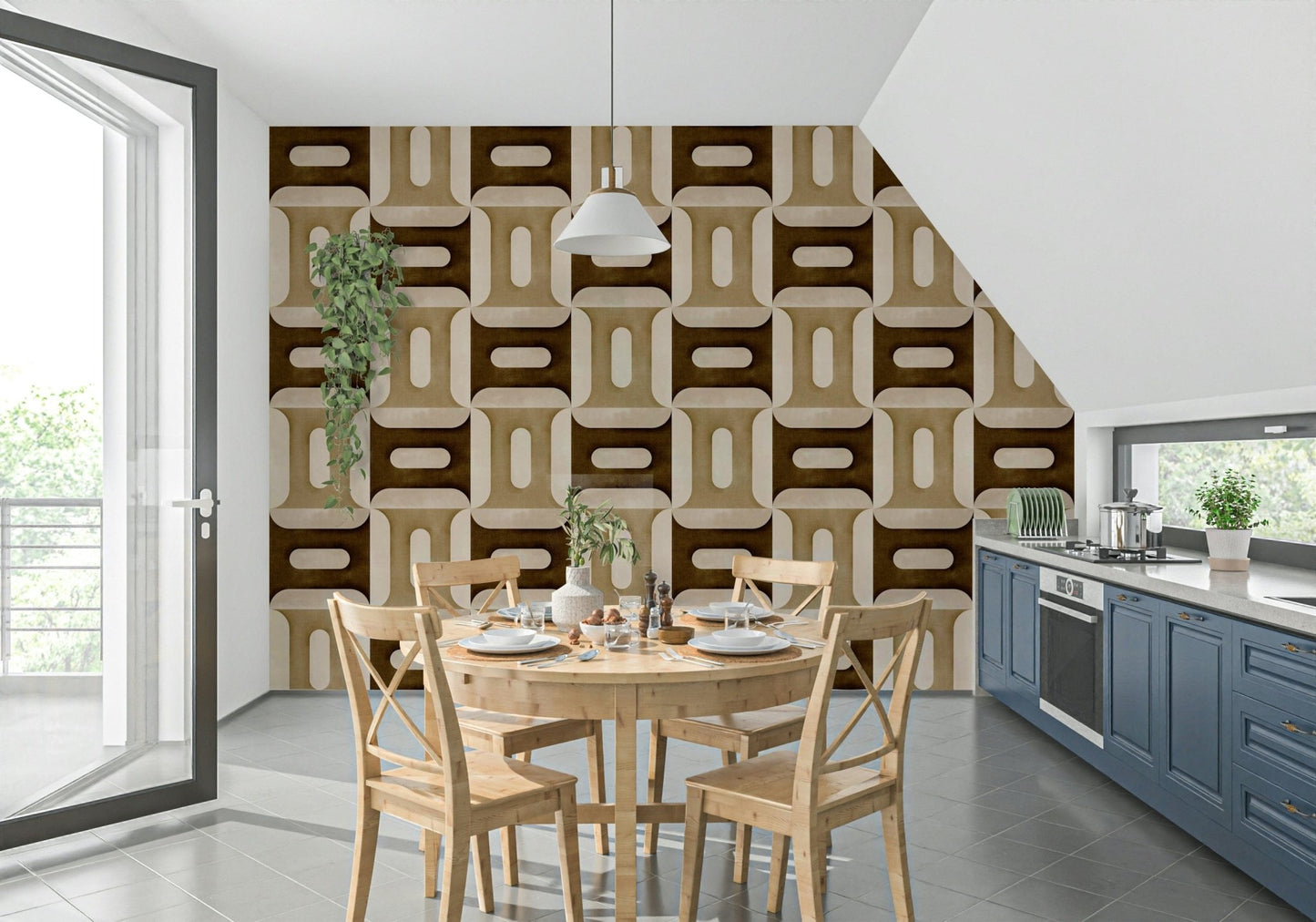 Modern Textured Geometries Earthy wallpaper in a kitchen-diner with cross-back chairs under a sloped ceiling