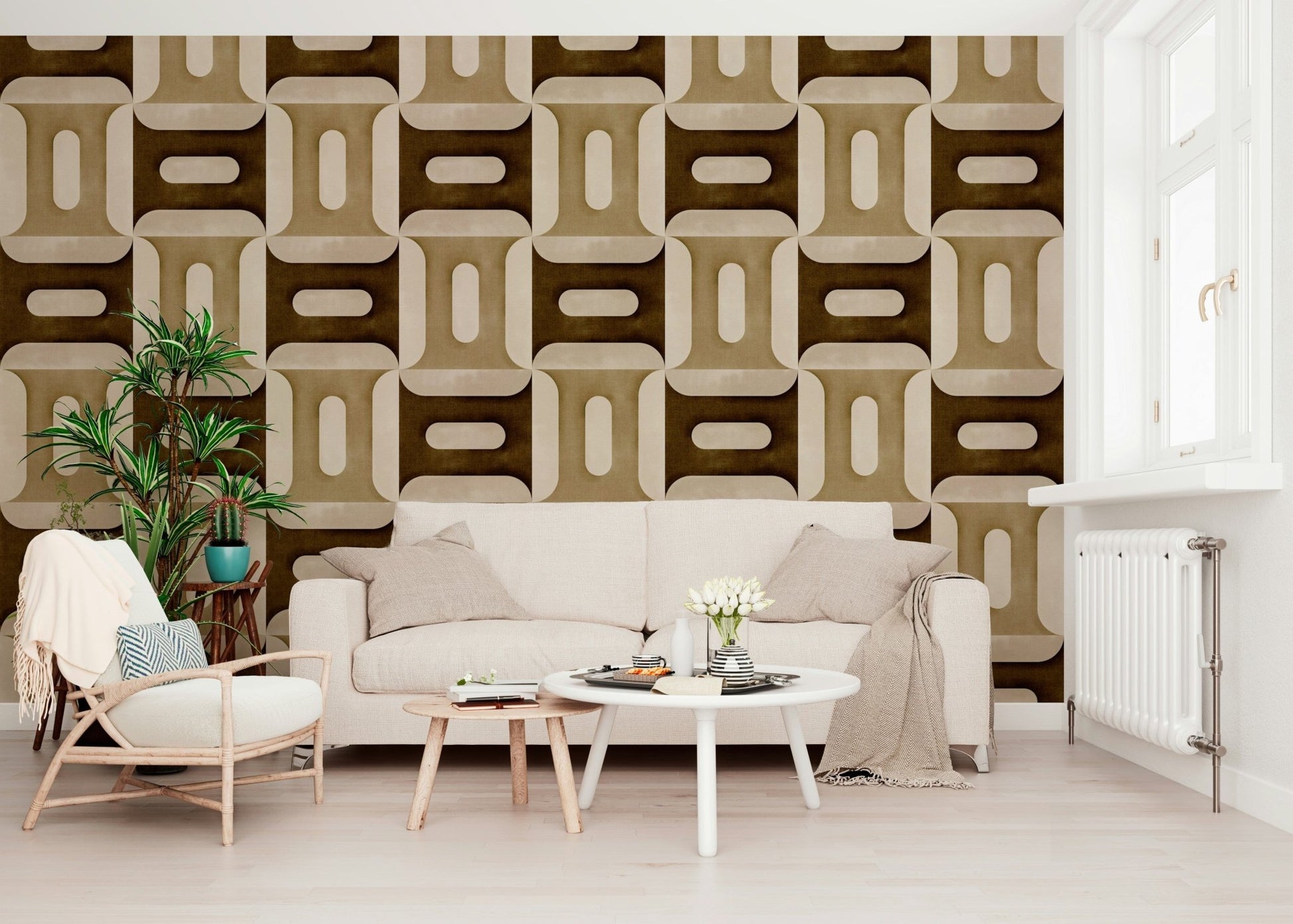 Modern Textured Geometries Earthy wallpaper behind a cream sofa with a white rattan chair and round tables