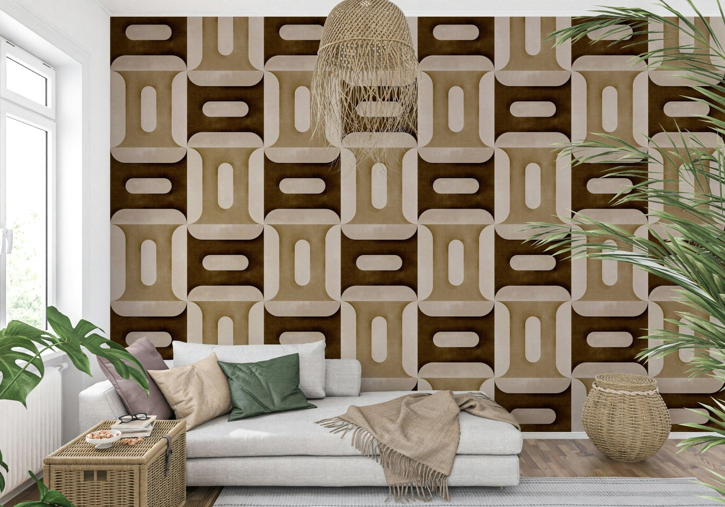 Modern Textured Geometries Earthy wallpaper behind a white chaise daybed with a rattan pendant and palms