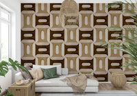 Modern Textured Geometries Earthy wallpaper behind a white chaise daybed with a rattan pendant and palms