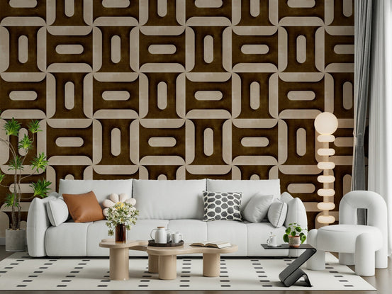 Modern Textured Geometries Umber wallpaper behind a white sofa with rust cushions and kidney tables