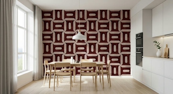 Modern Textured Geometries Wine wallpaper in a kitchen-dining space with wood chairs and white cabinets