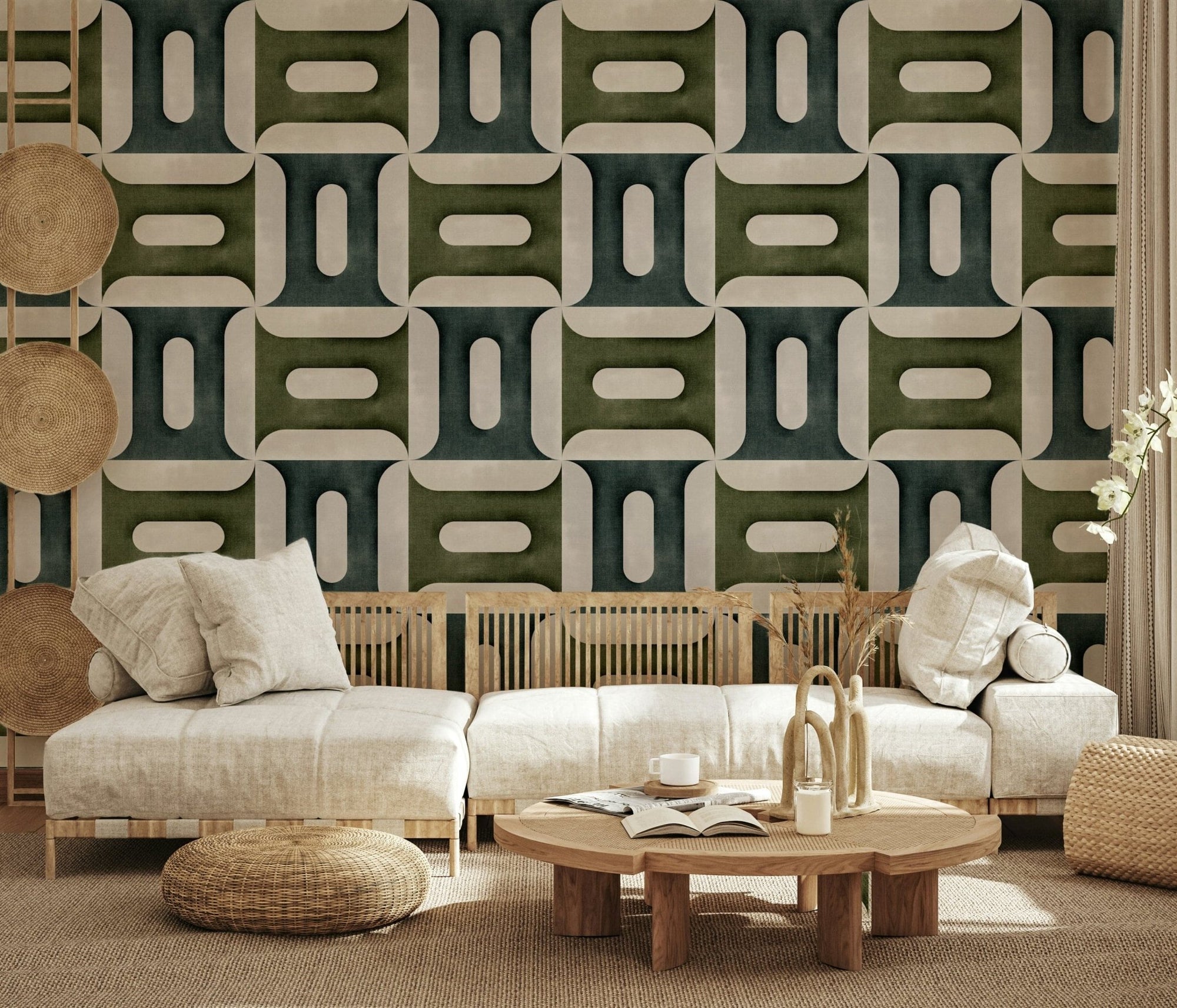 Modern Textured Geometries Winter wallpaper behind a low cream linen sofa with a round wood table