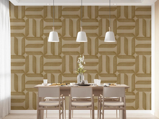 Modern Textured Signs Camel wallpaper with a camel basket-weave geometric pattern behind a wood dining table and chairs