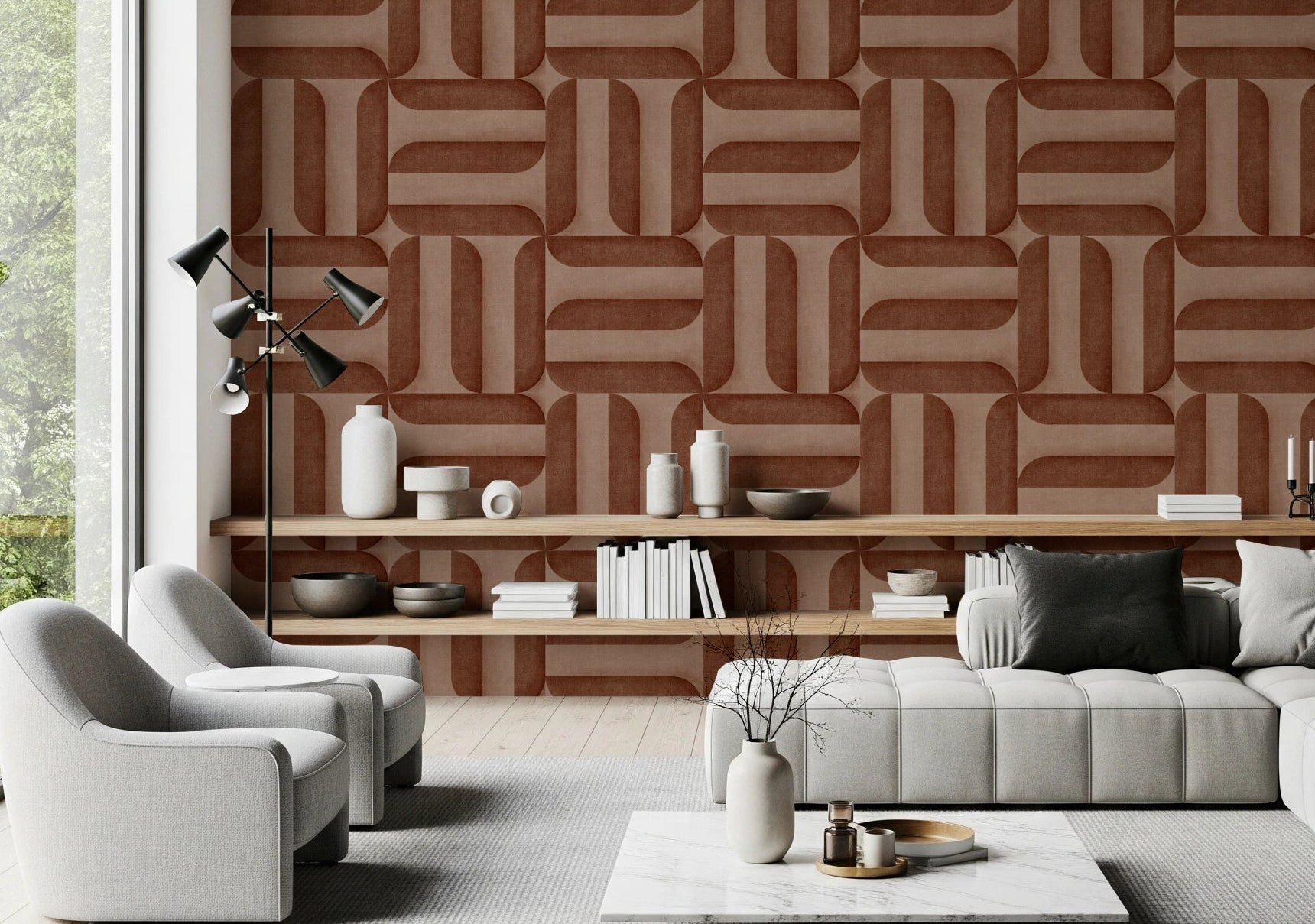 Modern Textured Signs Copper wallpaper in terracotta geometric shapes behind a white tufted sofa and two grey swivel chairs in a living room