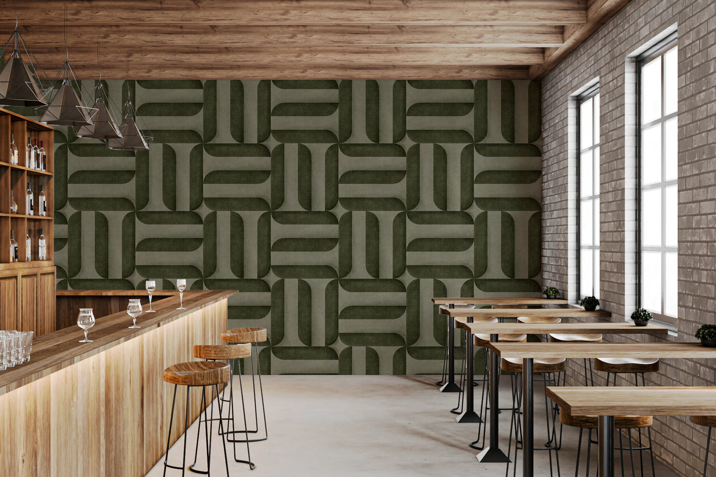 Modern Textured Signs Olive wallpaper in green woven design behind a wood bar counter and stools in a cafe