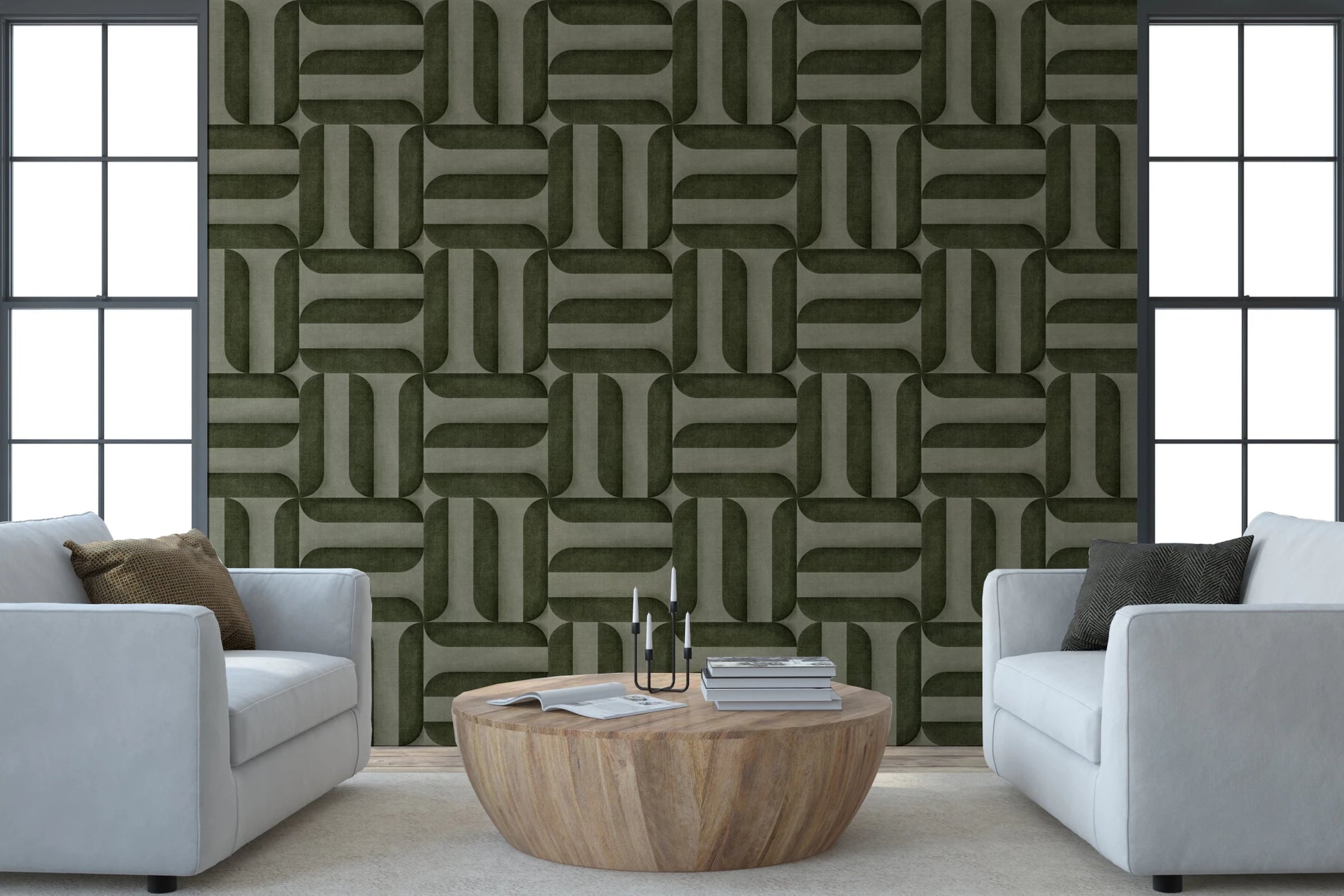 Modern Textured Signs Olive wallpaper between two windows behind two grey armchairs and a round wood table