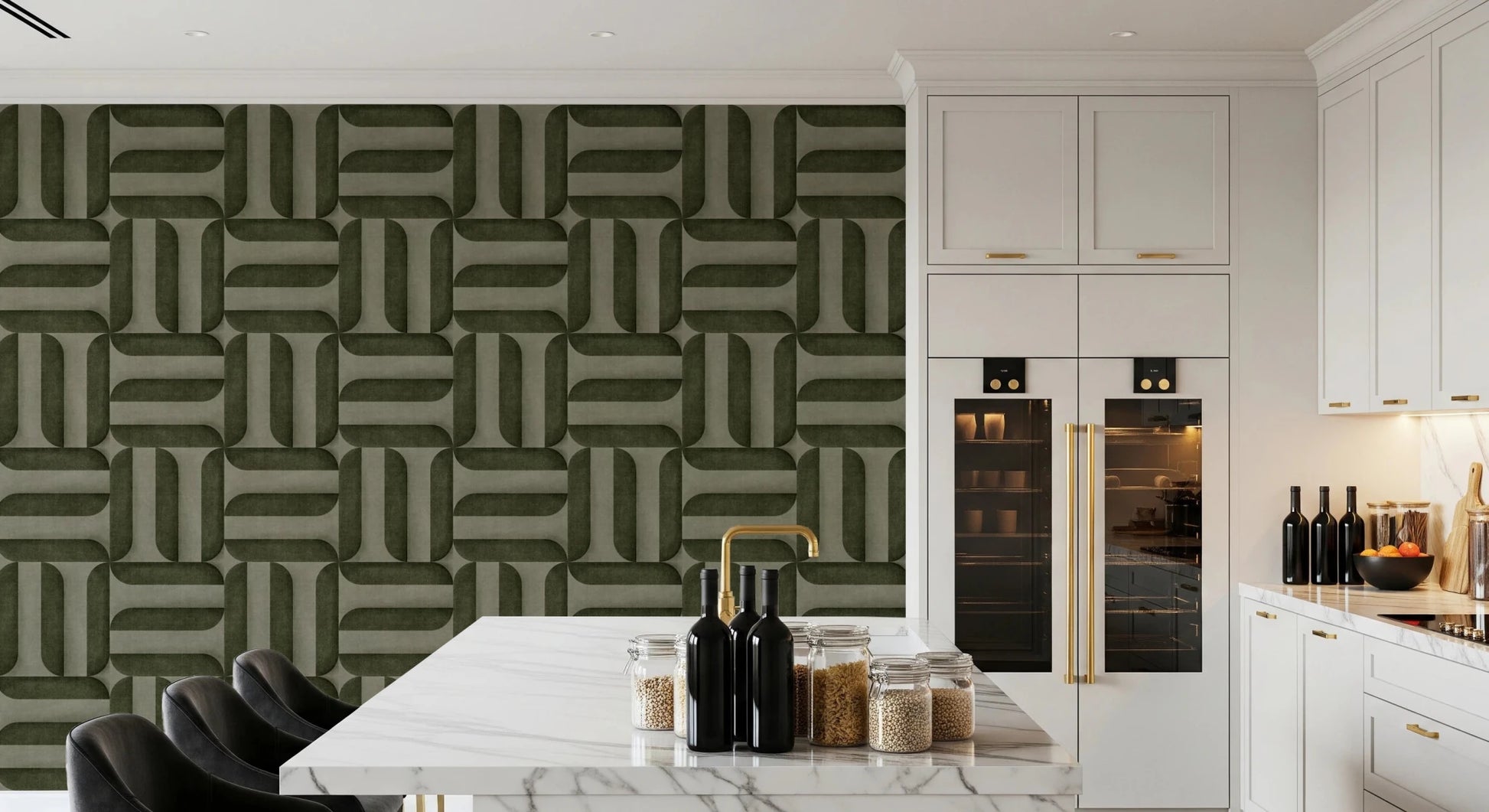 Modern Textured Signs Olive wallpaper in olive green behind a white marble island and black chairs in a kitchen