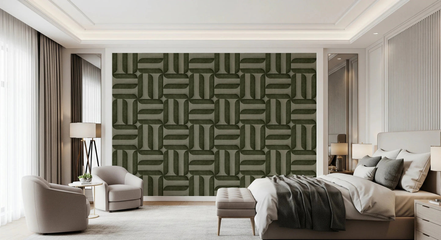 Modern Textured Signs Olive wallpaper in olive green behind beige armchairs and a bed in a luxury bedroom