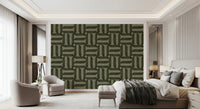 Modern Textured Signs Olive wallpaper in olive green behind beige armchairs and a bed in a luxury bedroom