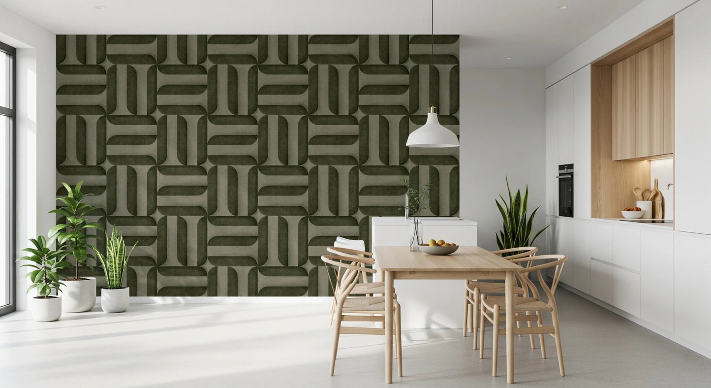 Modern Textured Signs Olive wallpaper in olive green behind a wood dining table and wishbone chairs in a white kitchen
