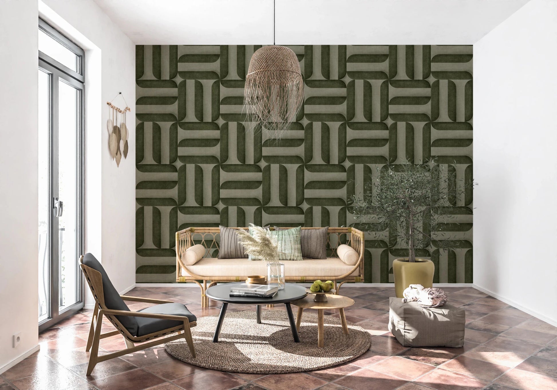 Modern Textured Signs Olive wallpaper behind a rattan sofa and potted olive tree in a sunlit living room