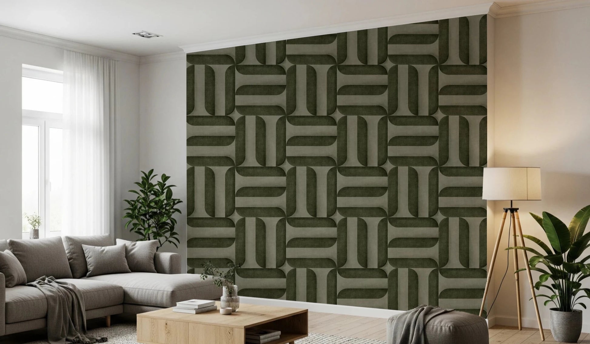 Modern Textured Signs Olive wallpaper in green woven design behind a grey sectional sofa in a bright living room