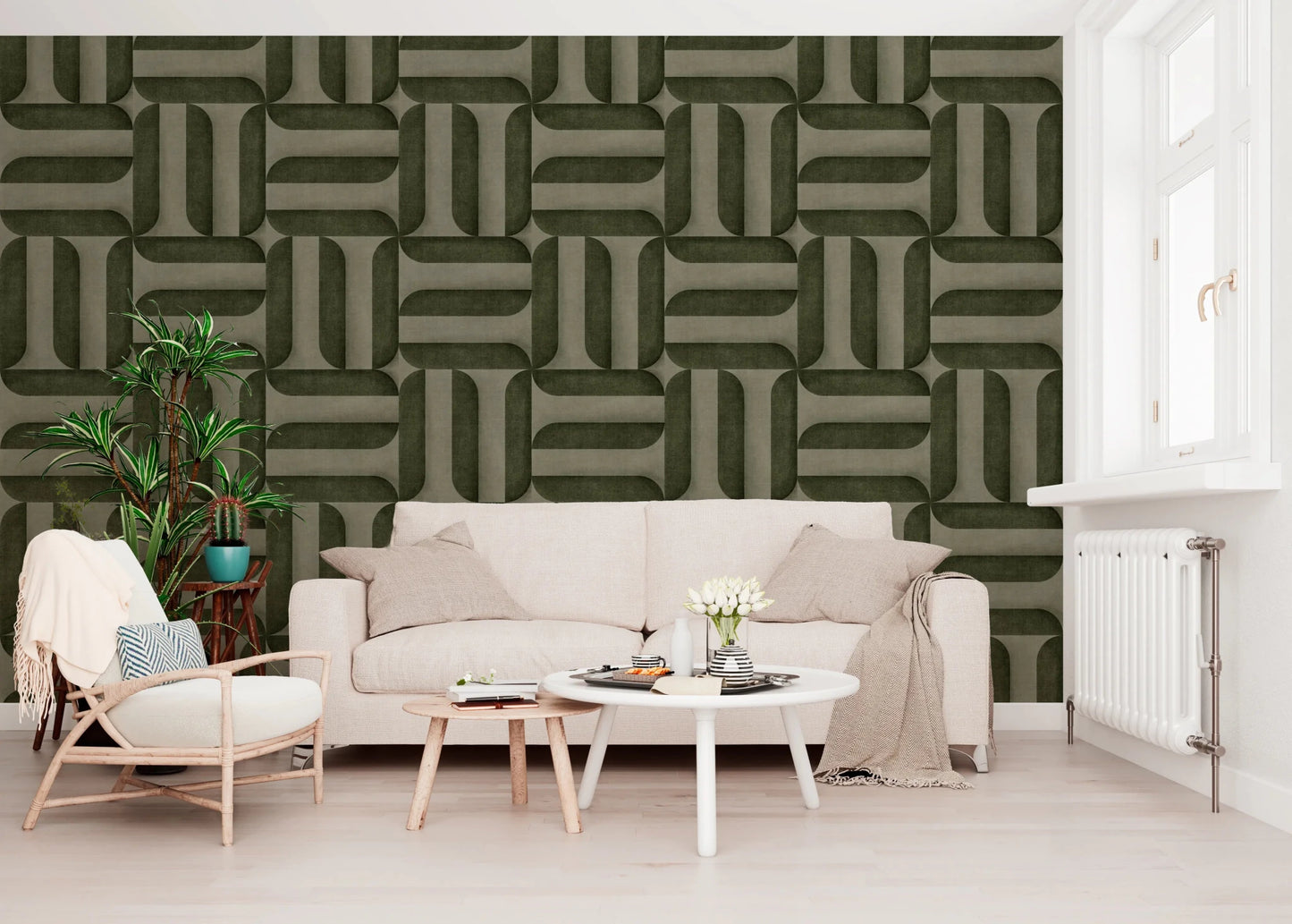 Modern Textured Signs Olive wallpaper in green woven pattern behind a cream sofa near a window radiator