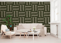 Modern Textured Signs Olive wallpaper in green woven pattern behind a cream sofa near a window radiator