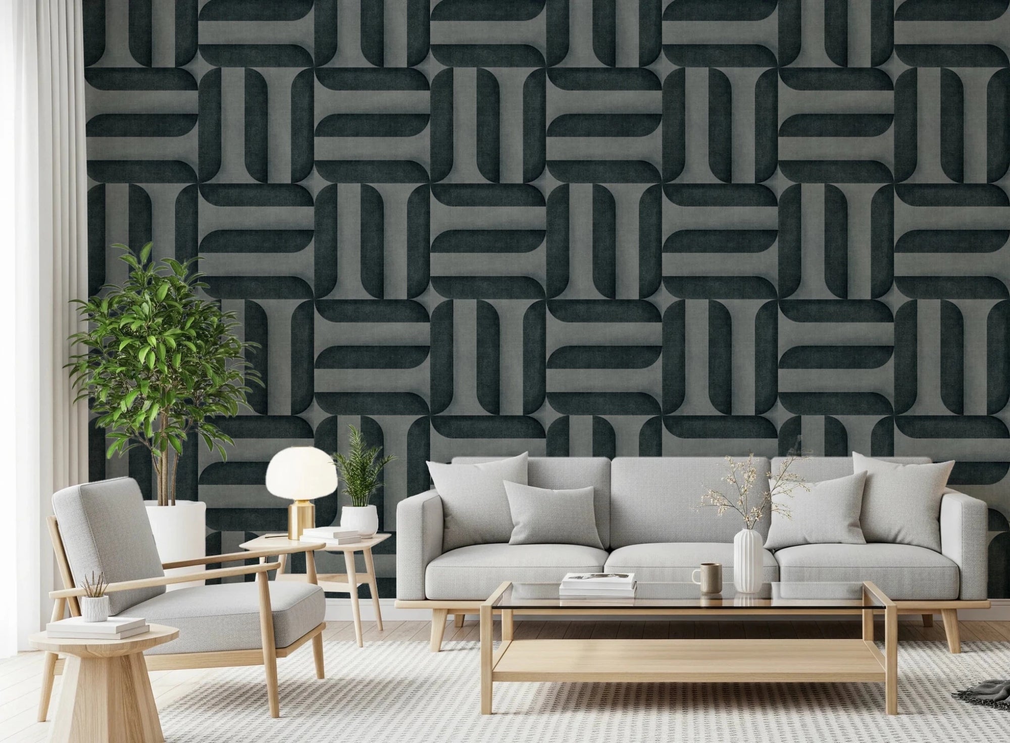 Modern Textured Signs Vintage Denim wallpaper in charcoal and grey woven geometric pattern behind a grey sofa and armchair in a living room