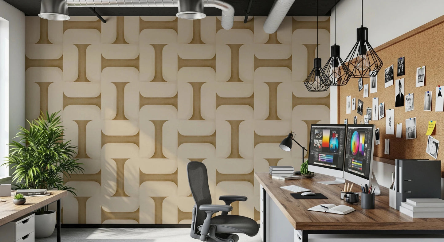 Modern Textured Tiles Camel wallpaper in camel tones behind dual monitors in an industrial home office