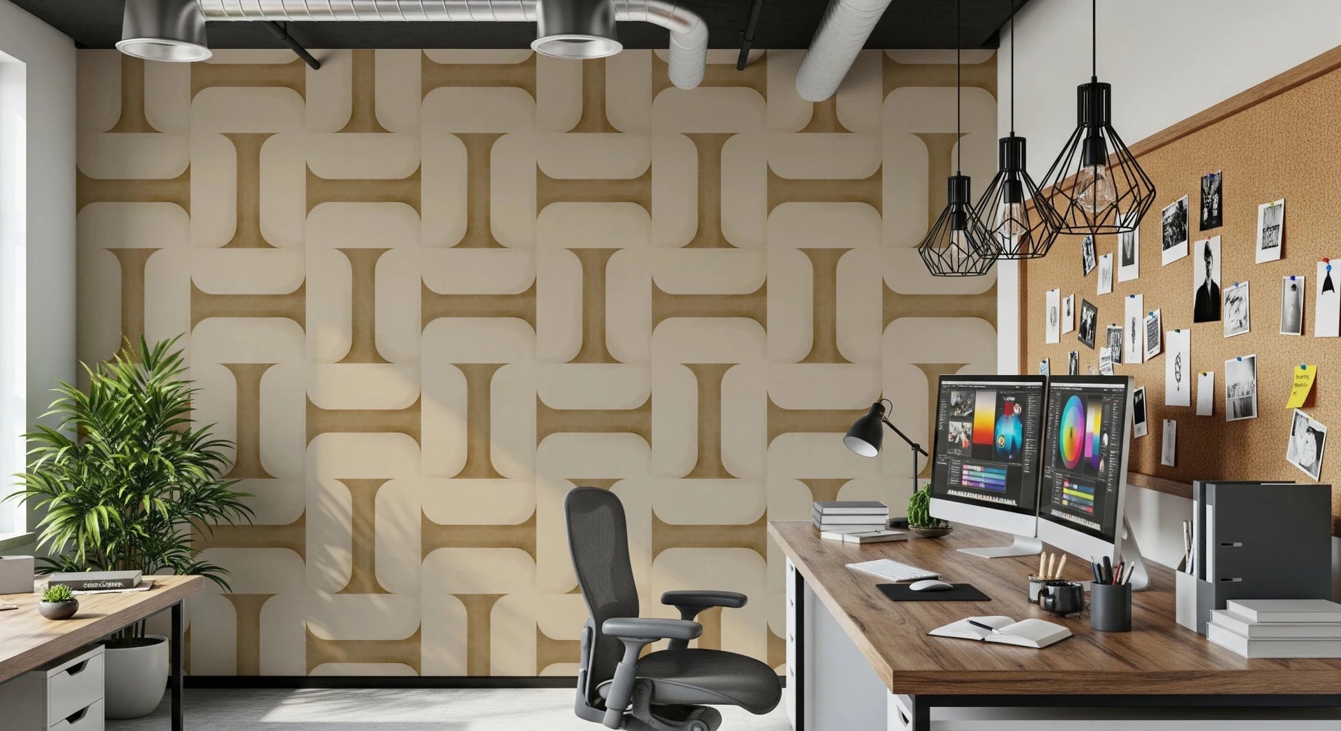 Modern Textured Tiles Camel wallpaper in camel tones behind dual monitors in an industrial home office
