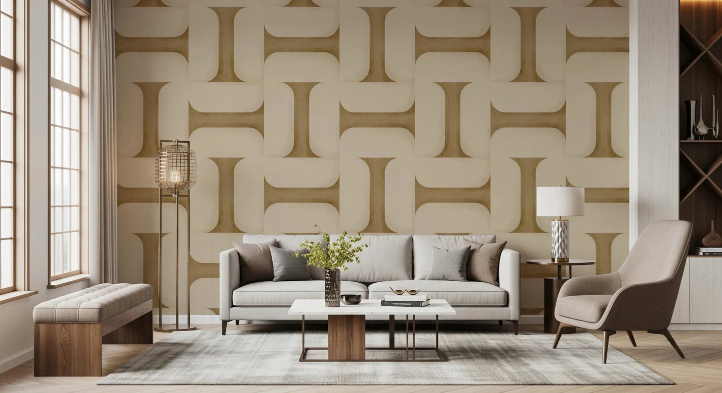 Modern Textured Tiles Camel wallpaper in beige behind a cream sofa and brass floor lamp in a sunlit living room