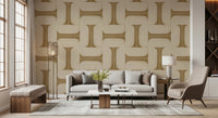 Modern Textured Tiles Camel wallpaper in beige behind a cream sofa and brass floor lamp in a sunlit living room