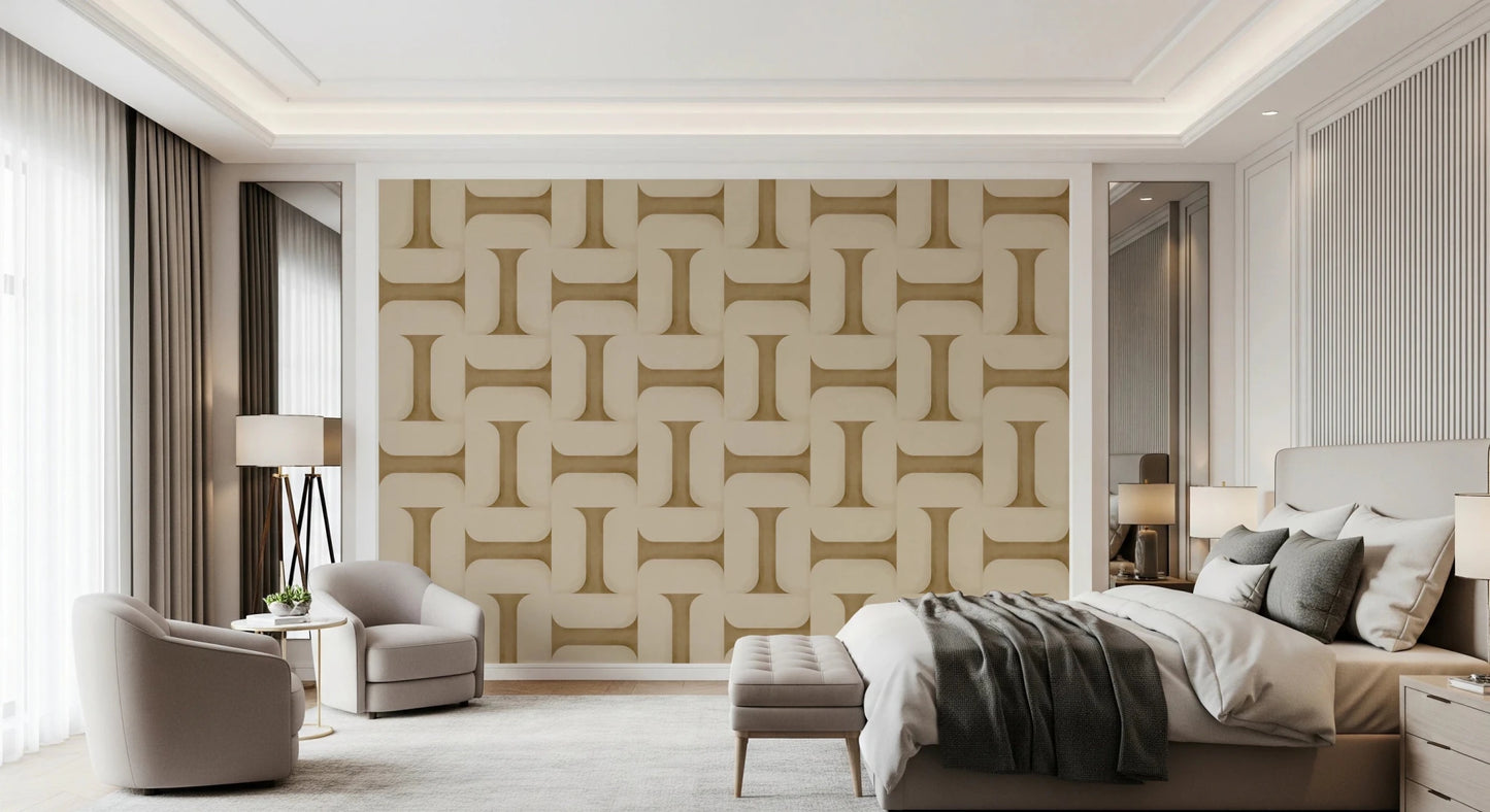 Modern Textured Tiles Camel wallpaper in camel and cream behind a beige bed and armchairs in a luxury bedroom