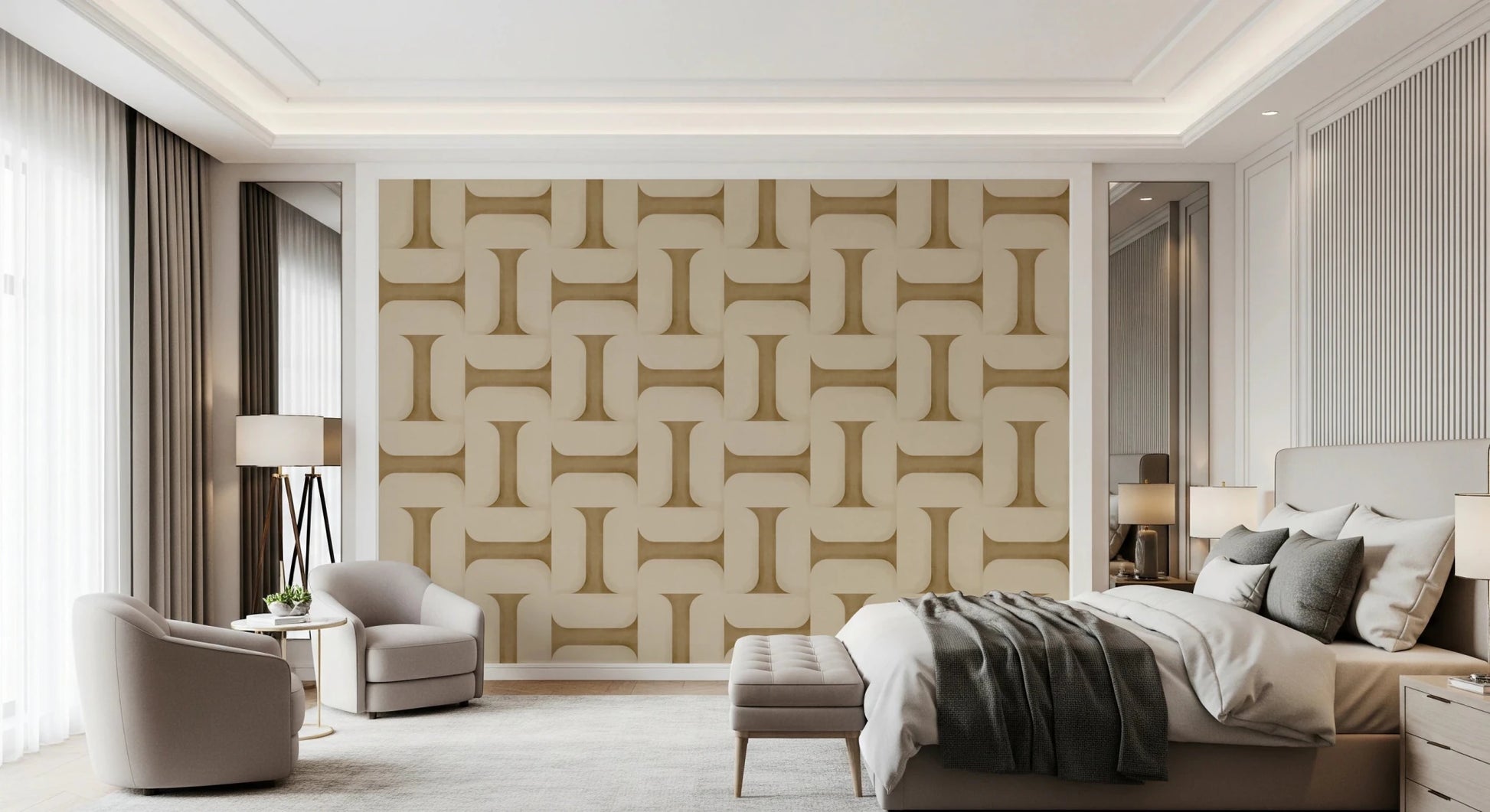 Modern Textured Tiles Camel wallpaper in camel and cream behind a beige bed and armchairs in a luxury bedroom