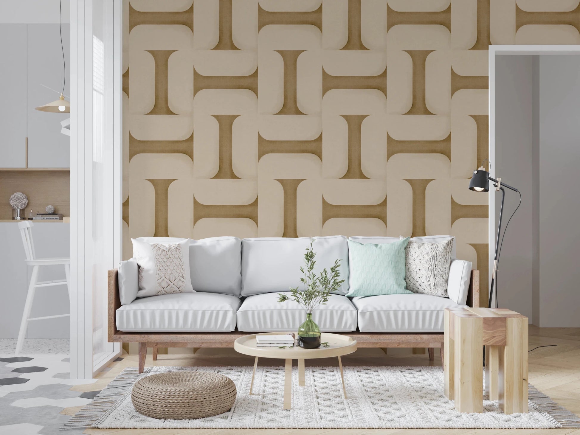 Modern Textured Tiles Camel wallpaper in camel tones behind a white cushioned sofa and round wood table in a living room