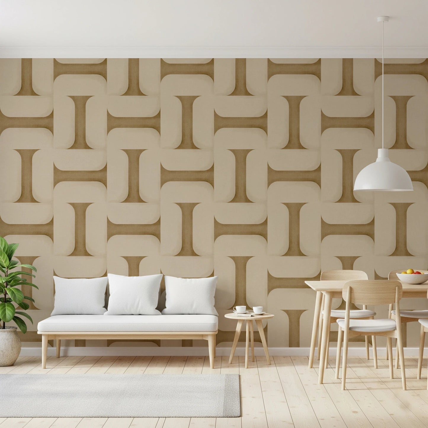 Modern Textured Tiles Camel wallpaper in camel tones behind a white bench and wood dining table in an open living space