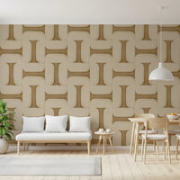 Modern Textured Tiles Camel wallpaper in camel tones behind a white bench and wood dining table in an open living space