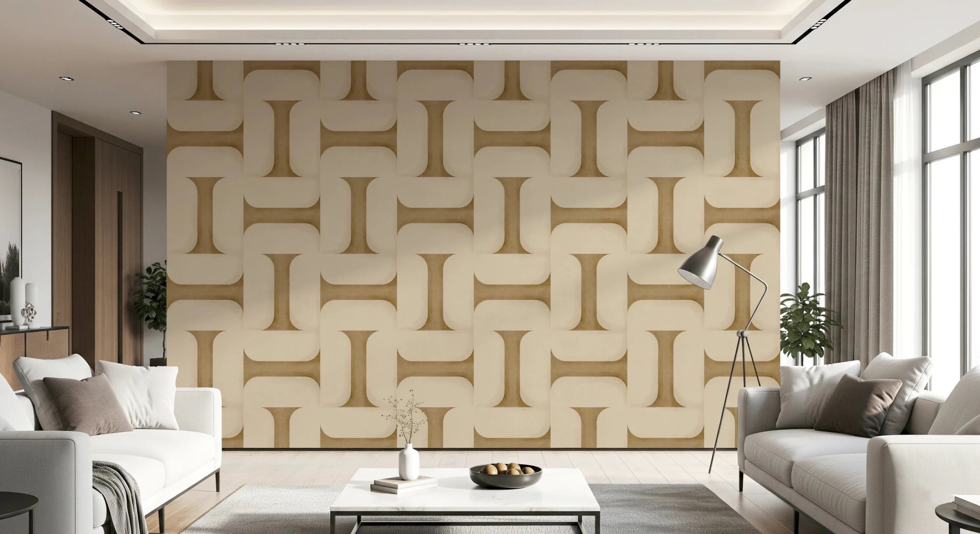Modern Textured Tiles Camel wallpaper in beige behind two white sofas and a silver floor lamp in a modern living room