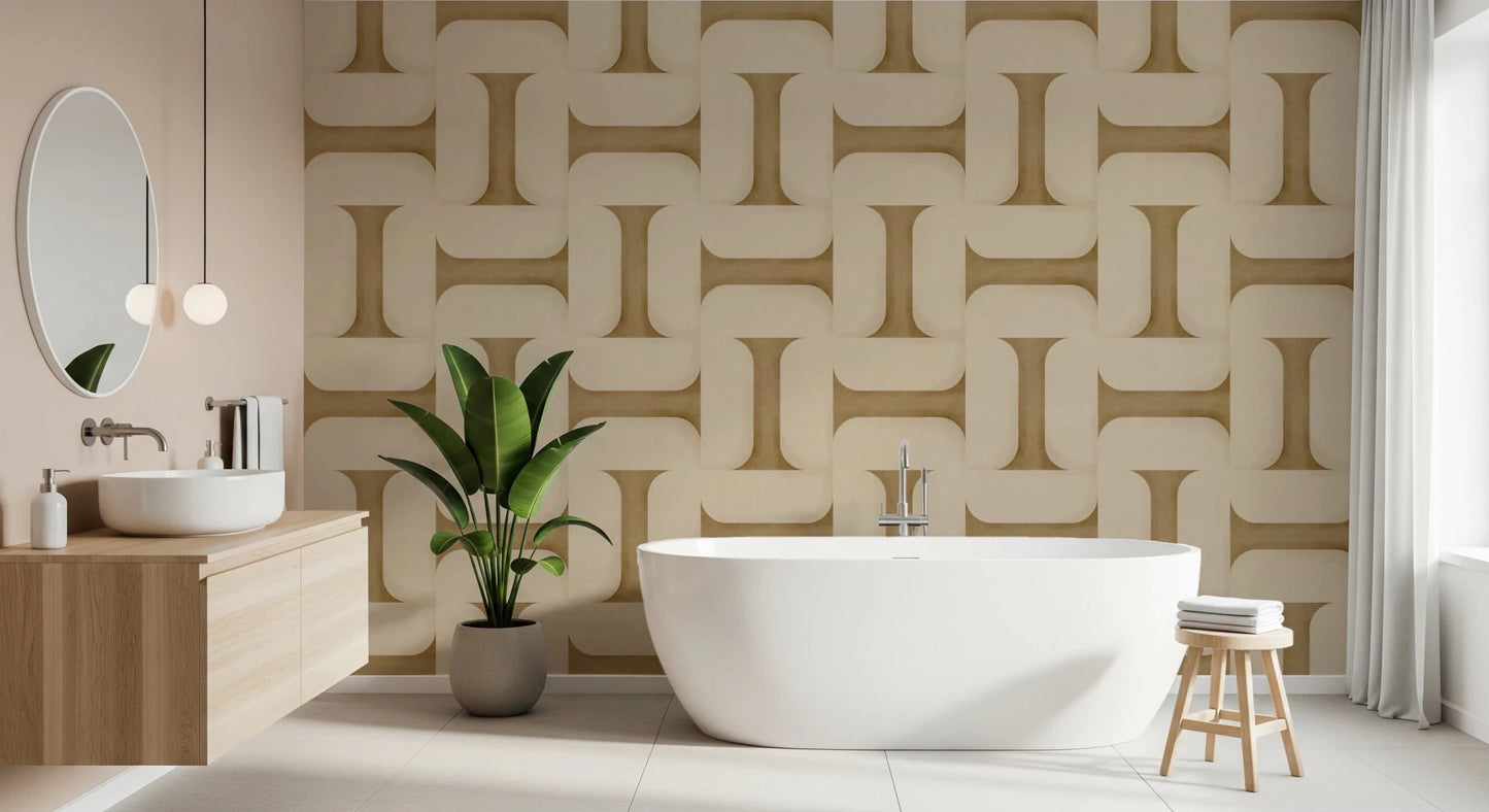 Modern Textured Tiles Camel wallpaper in camel and cream behind a white freestanding tub and wood vanity in a bathroom