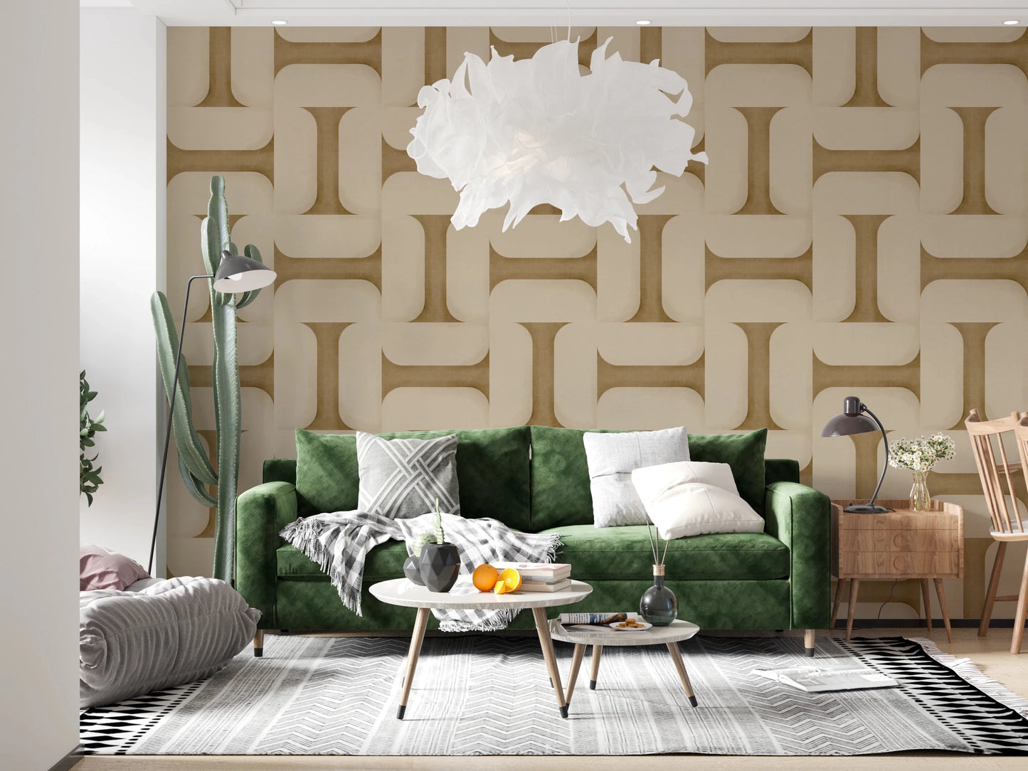 Modern Textured Tiles Camel wallpaper in beige behind an emerald green velvet sofa and white feather pendant light