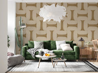 Modern Textured Tiles Camel wallpaper in beige behind an emerald green velvet sofa and white feather pendant light