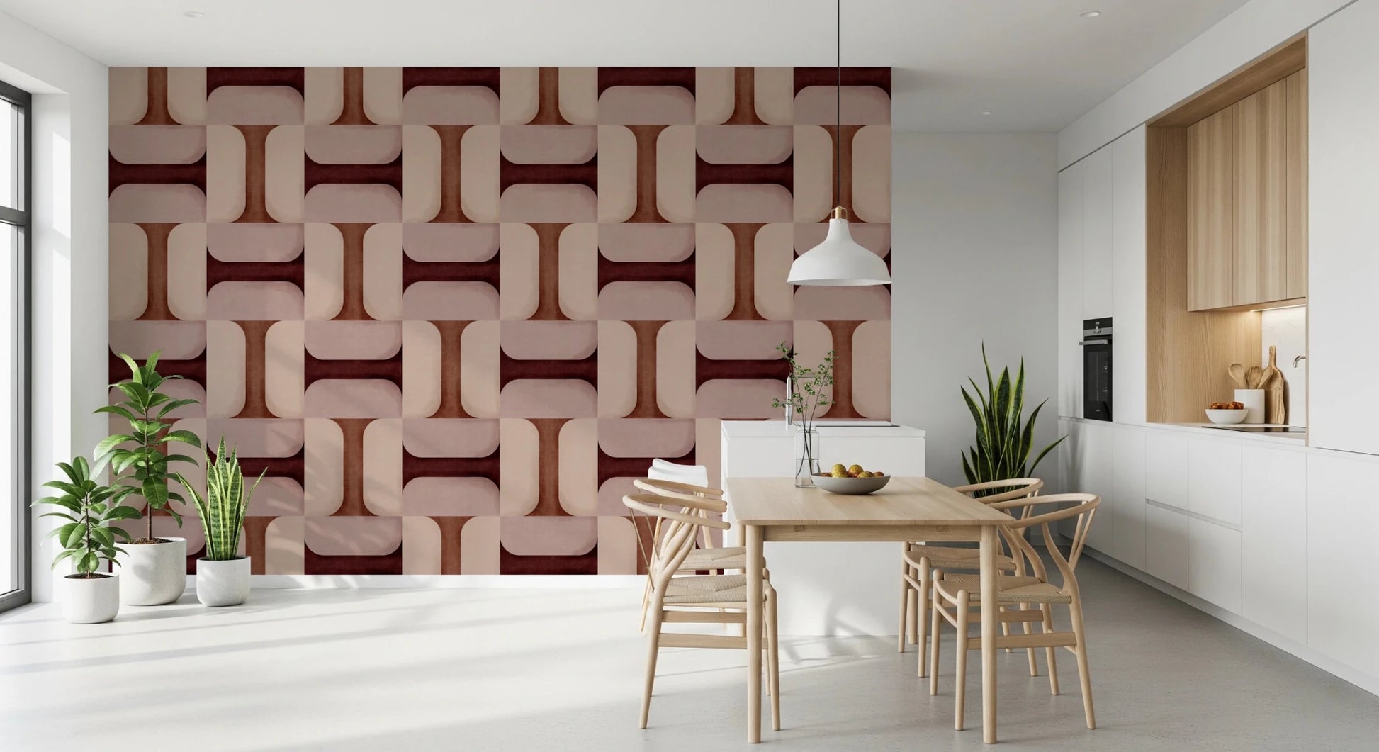 Modern Textured Tiles Clay wallpaper in clay tones behind a wood dining table and wishbone chairs in a white kitchen