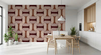 Modern Textured Tiles Clay wallpaper in clay tones behind a wood dining table and wishbone chairs in a white kitchen