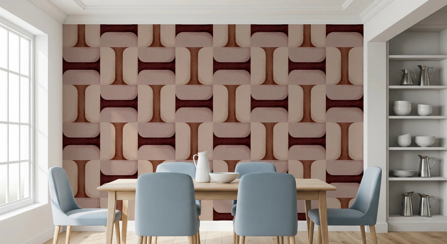 Modern Textured Tiles Clay wallpaper in terracotta behind a wood dining table and blue chairs in a dining room
