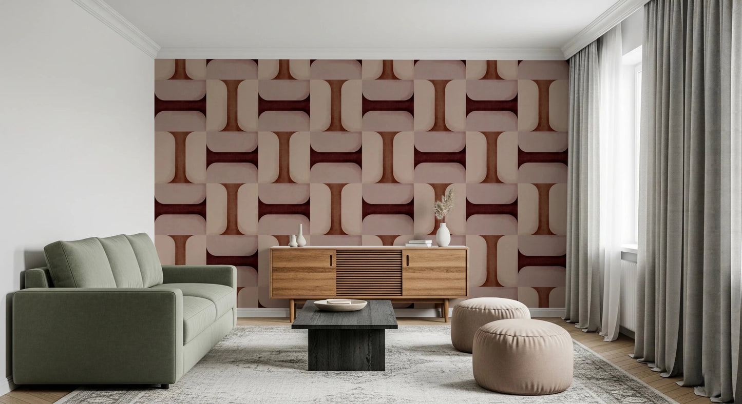 Modern Textured Tiles Clay wallpaper in clay tones behind a sage green sofa, wood sideboard and blush poufs