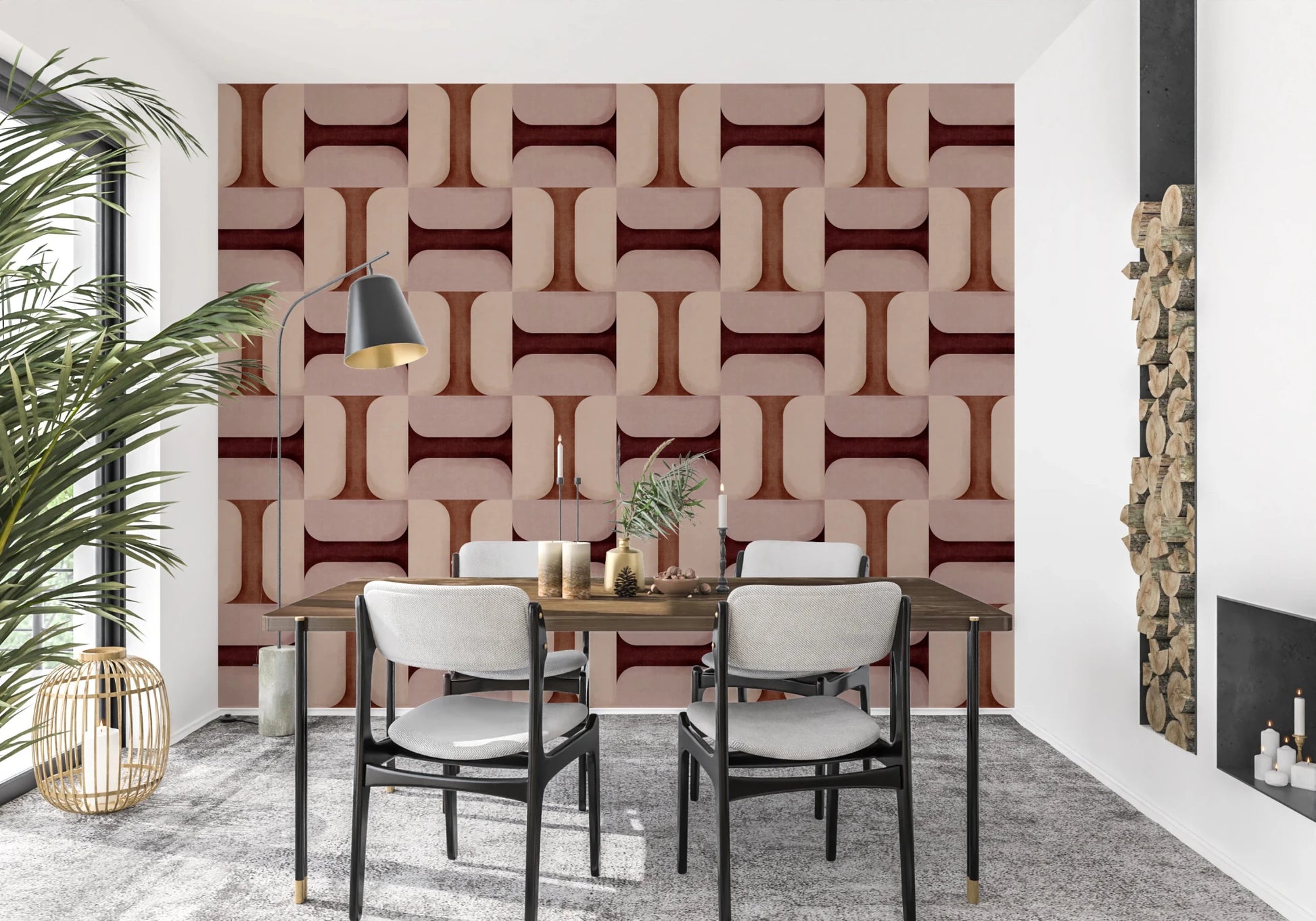 Modern Textured Tiles Clay wallpaper in clay tones behind a walnut dining table and black chairs near a firewood stack